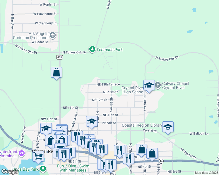 map of restaurants, bars, coffee shops, grocery stores, and more near 1328 Northeast 5th Avenue in Crystal River