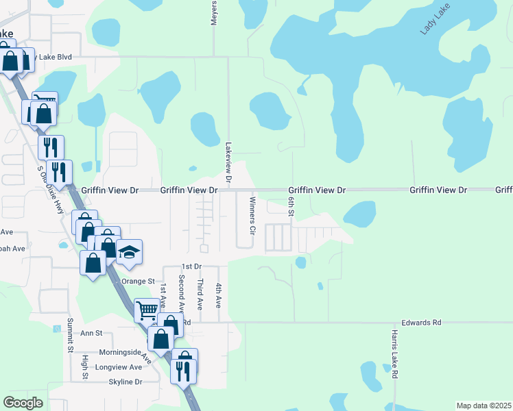 map of restaurants, bars, coffee shops, grocery stores, and more near 476 Winners Circle in Lady Lake