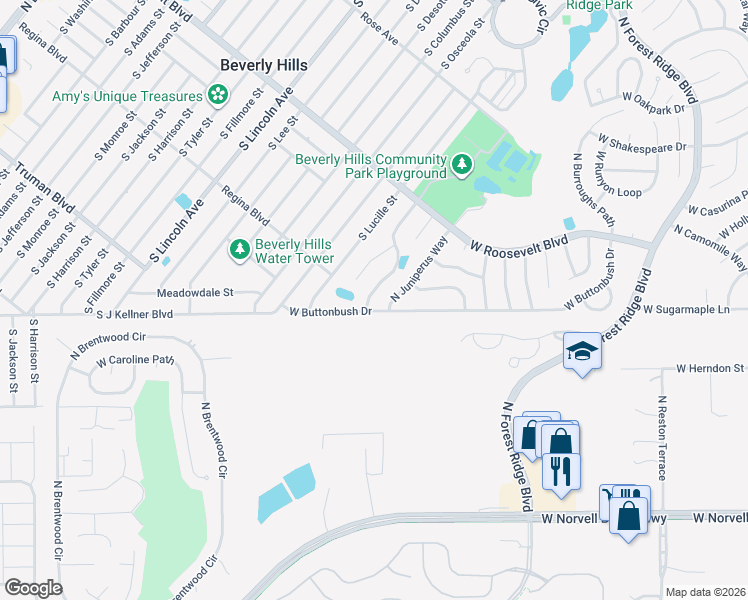 map of restaurants, bars, coffee shops, grocery stores, and more near 3065 North Maidencane Drive in Beverly Hills