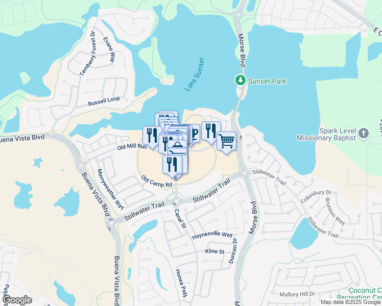 map of restaurants, bars, coffee shops, grocery stores, and more near 1038 Lake Sumter Landing in The Villages