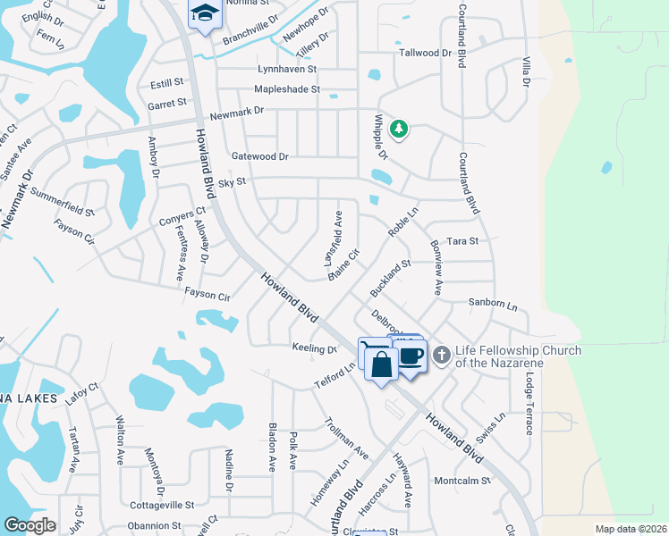 map of restaurants, bars, coffee shops, grocery stores, and more near 3068 Blaine Circle in Deltona