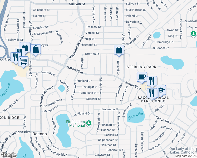 map of restaurants, bars, coffee shops, grocery stores, and more near 1600 Trinidad Avenue in Deltona