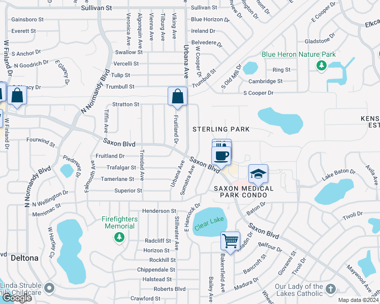 map of restaurants, bars, coffee shops, grocery stores, and more near 1607 Urbana Avenue in Deltona