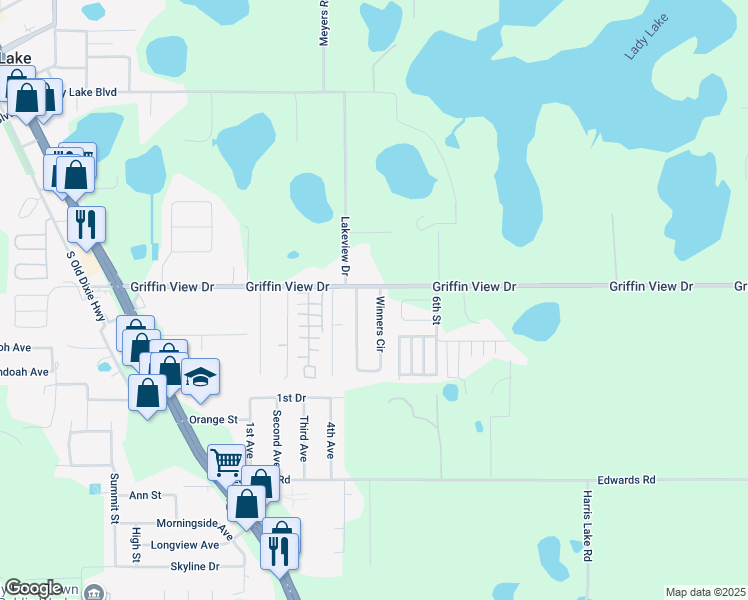 map of restaurants, bars, coffee shops, grocery stores, and more near 476 Winners Circle in Lady Lake