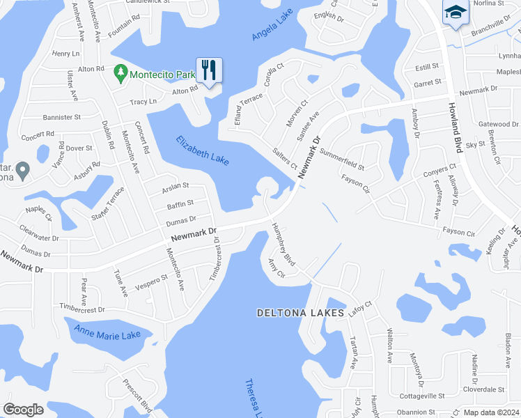 map of restaurants, bars, coffee shops, grocery stores, and more near 1610 Humphrey Court in Deltona