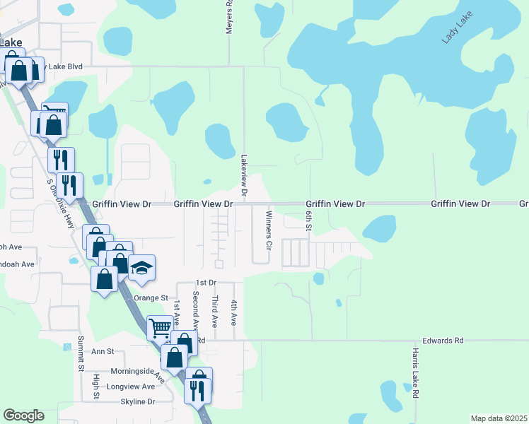 map of restaurants, bars, coffee shops, grocery stores, and more near 476 Winners Circle in Lady Lake