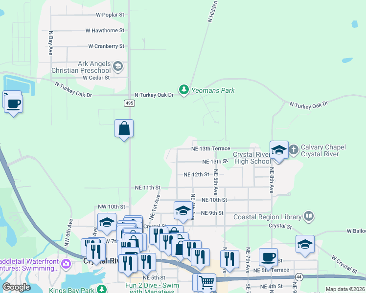 map of restaurants, bars, coffee shops, grocery stores, and more near 317 Northeast 13th Terrace in Crystal River