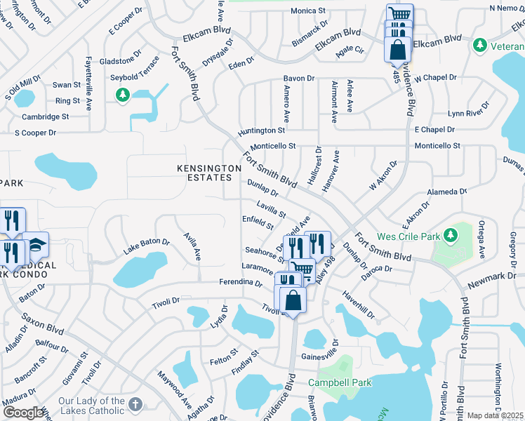 map of restaurants, bars, coffee shops, grocery stores, and more near 1535 Lavilla Street in Deltona