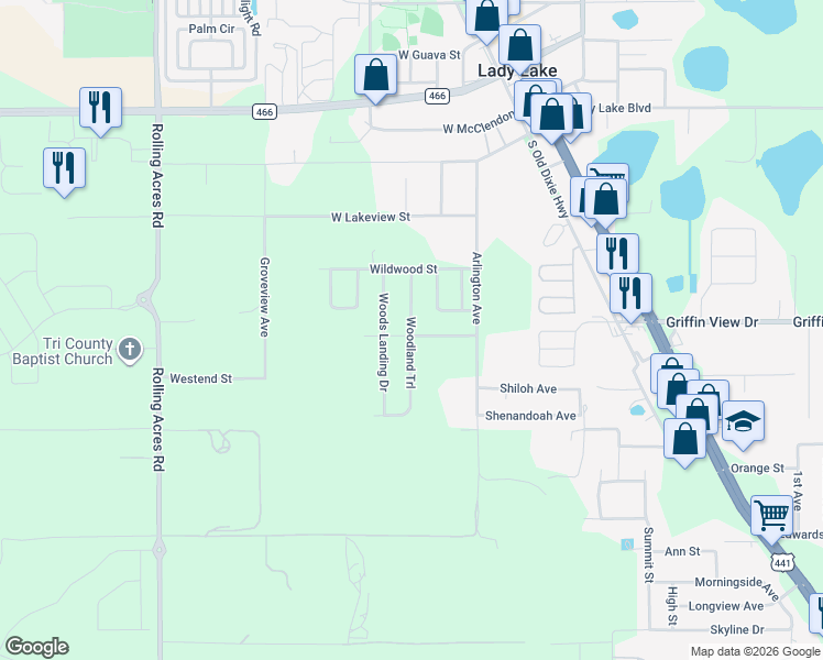 map of restaurants, bars, coffee shops, grocery stores, and more near 321 Woodland Trail in Lady Lake