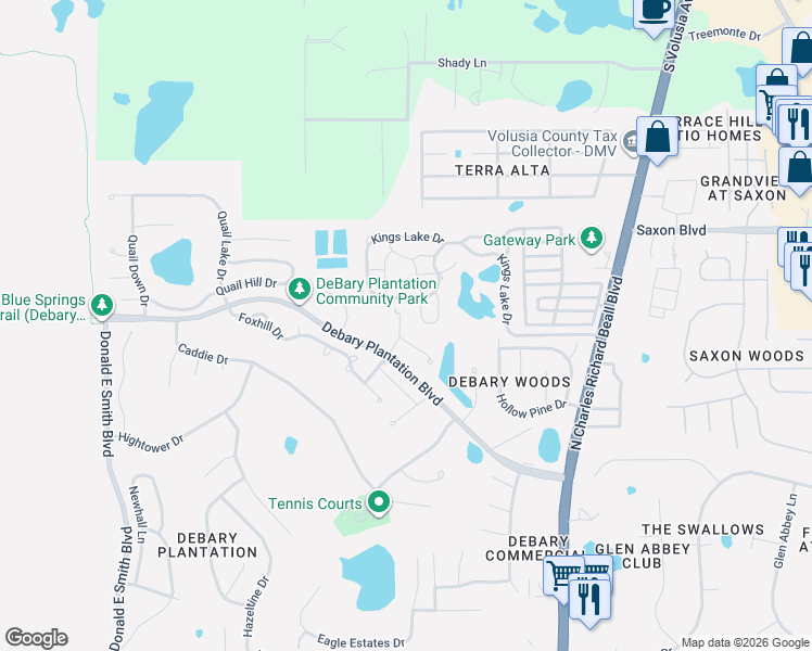 map of restaurants, bars, coffee shops, grocery stores, and more near 202 Lourdan Court in DeBary