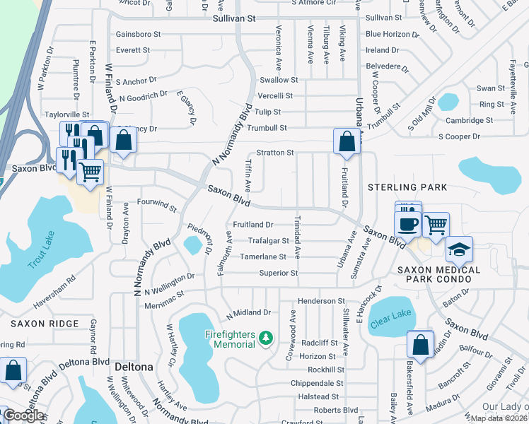 map of restaurants, bars, coffee shops, grocery stores, and more near 1794 Saxon Boulevard in Deltona