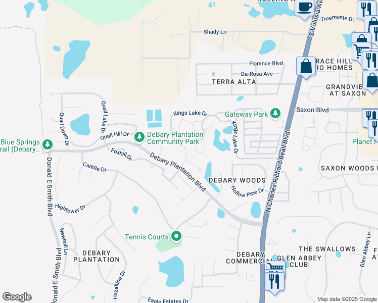 map of restaurants, bars, coffee shops, grocery stores, and more near 385 Kings Lake Drive in DeBary