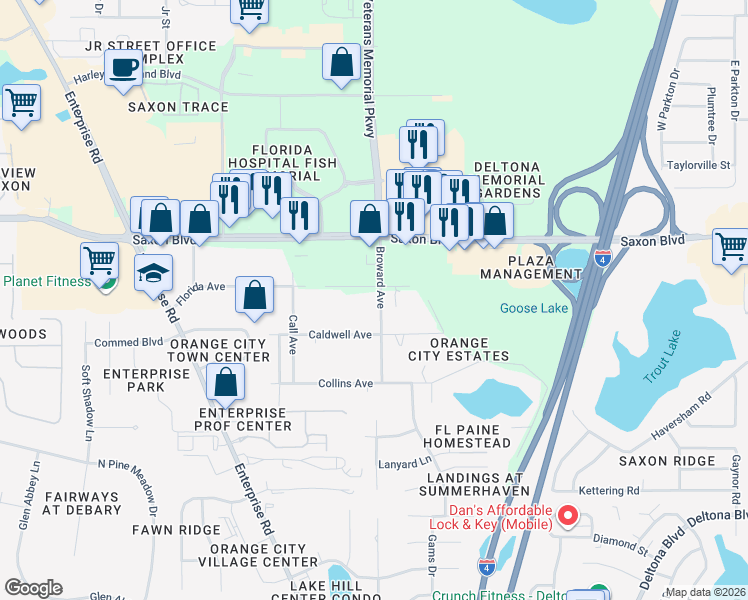 map of restaurants, bars, coffee shops, grocery stores, and more near 1132 Florida Avenue in Orange City