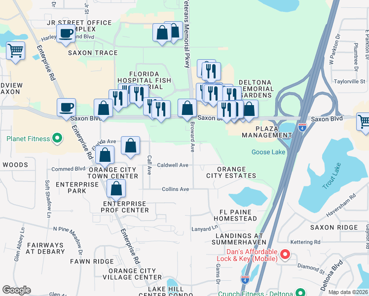 map of restaurants, bars, coffee shops, grocery stores, and more near 1132 Florida Avenue in Orange City
