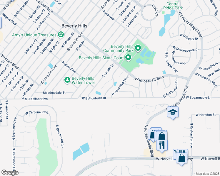 map of restaurants, bars, coffee shops, grocery stores, and more near 3275 North Maidencane Drive in Beverly Hills