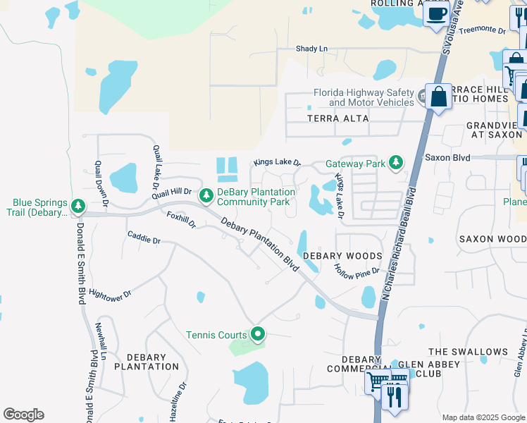 map of restaurants, bars, coffee shops, grocery stores, and more near 220 Lourdan Court in DeBary