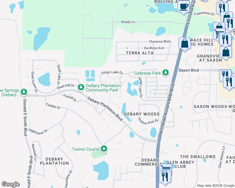 map of restaurants, bars, coffee shops, grocery stores, and more near 830 Water Ridge Drive in DeBary