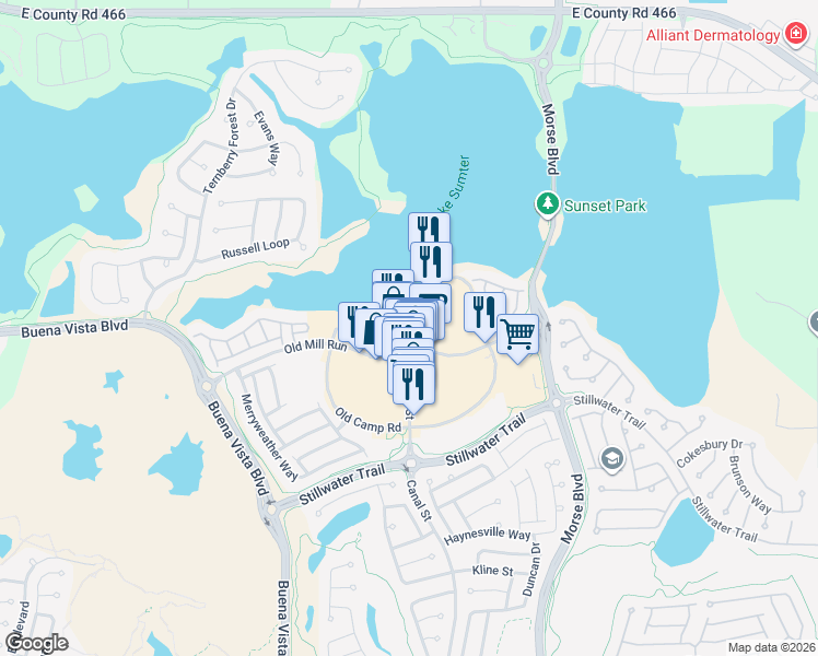 map of restaurants, bars, coffee shops, grocery stores, and more near Lake Shore Drive in The Villages