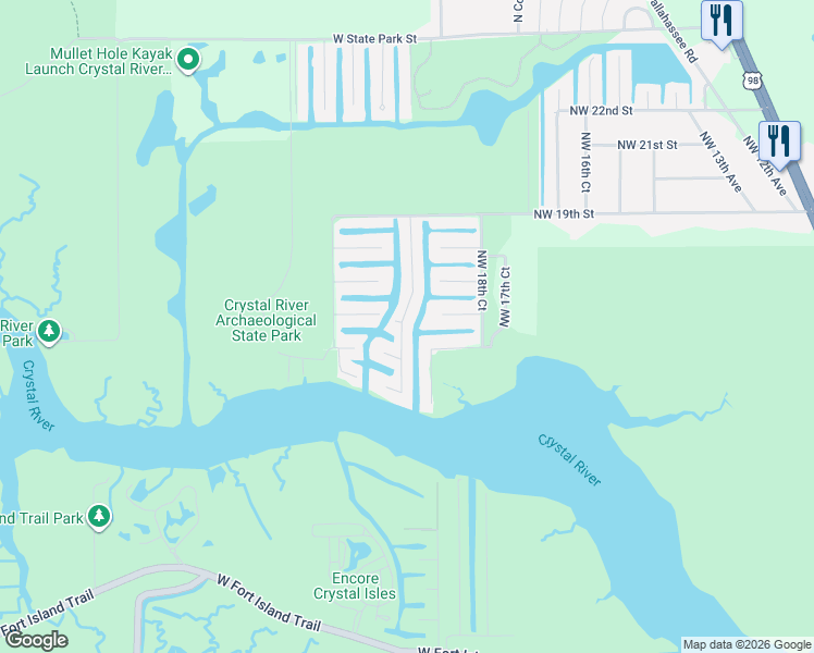 map of restaurants, bars, coffee shops, grocery stores, and more near 1601 Northwest 20th Avenue in Crystal River