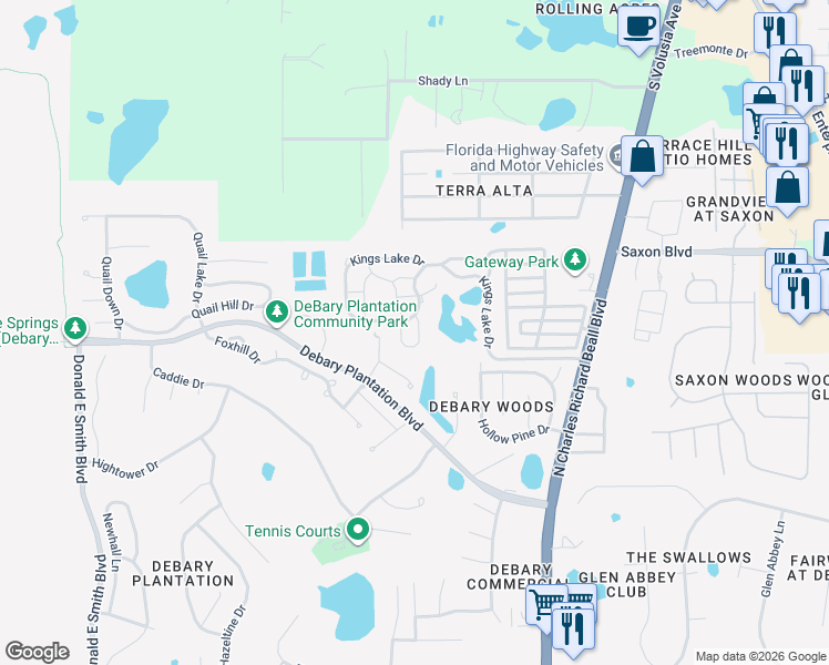 map of restaurants, bars, coffee shops, grocery stores, and more near 830 Water Ridge Drive in DeBary