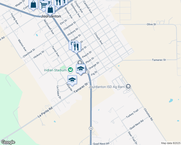 map of restaurants, bars, coffee shops, grocery stores, and more near 203 Zanderson Avenue in Jourdanton