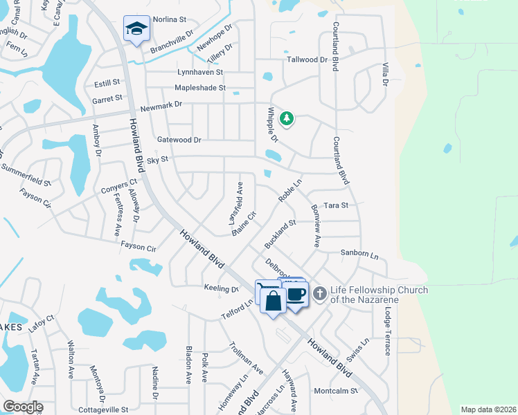 map of restaurants, bars, coffee shops, grocery stores, and more near 3093 Blaine Circle in Deltona