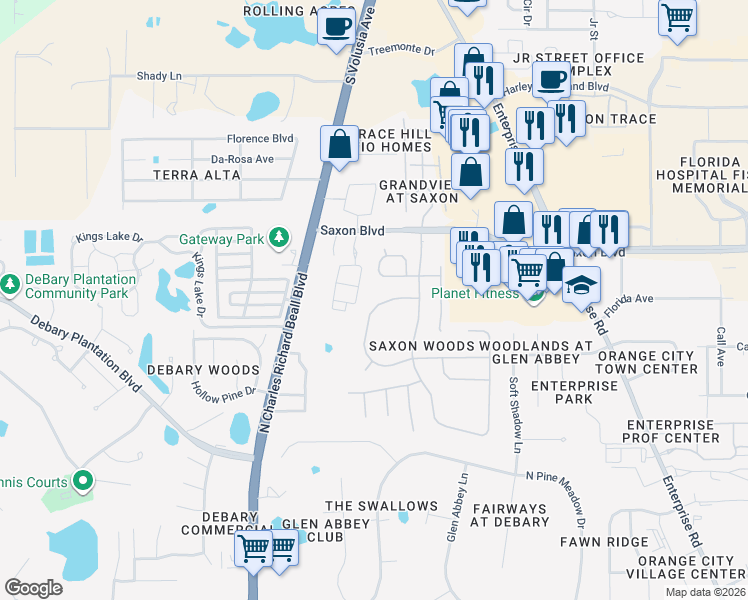 map of restaurants, bars, coffee shops, grocery stores, and more near 146 Brassington Drive in DeBary