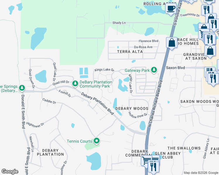 map of restaurants, bars, coffee shops, grocery stores, and more near 830 Water Ridge Drive in DeBary