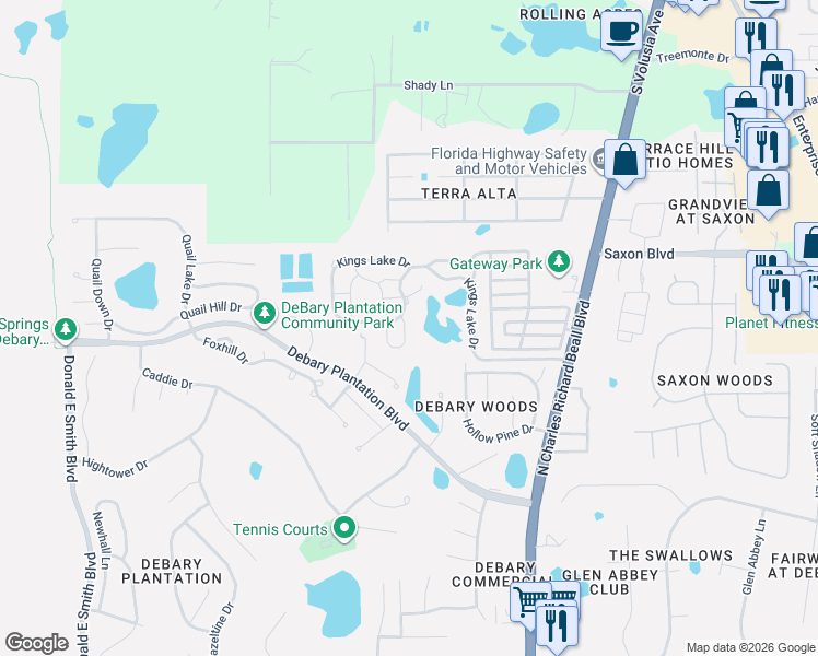 map of restaurants, bars, coffee shops, grocery stores, and more near 830 Water Ridge Drive in DeBary