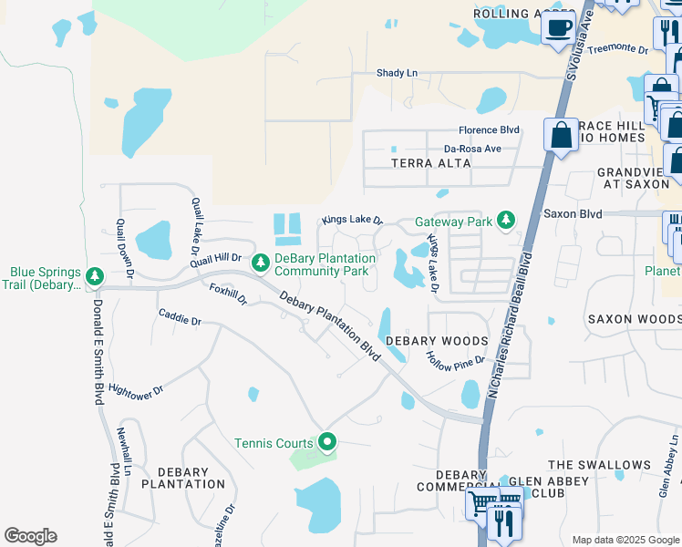 map of restaurants, bars, coffee shops, grocery stores, and more near 385 Kings Lake Drive in DeBary