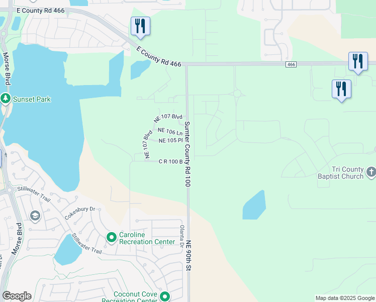 map of restaurants, bars, coffee shops, grocery stores, and more near Northeast 90th Street in The Villages