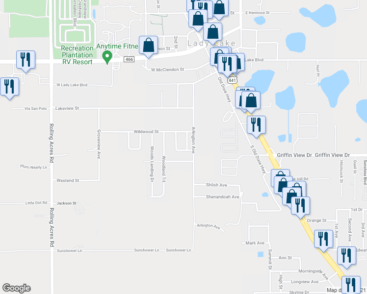 map of restaurants, bars, coffee shops, grocery stores, and more near 317 Stone Castle Loop in Lady Lake