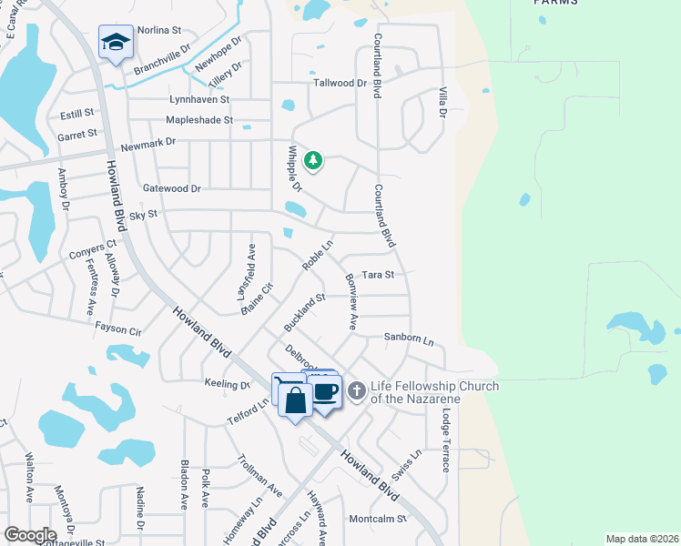 map of restaurants, bars, coffee shops, grocery stores, and more near 1602 Bonview Avenue in Deltona