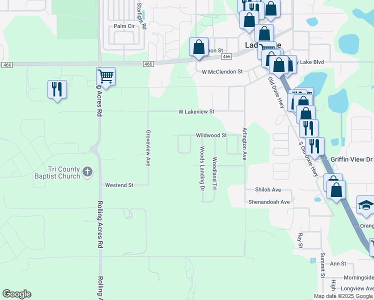 map of restaurants, bars, coffee shops, grocery stores, and more near 360 Carriage Lane in Lady Lake