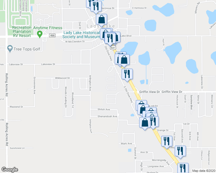 map of restaurants, bars, coffee shops, grocery stores, and more near 120 Tara Oaks Circle in Lady Lake