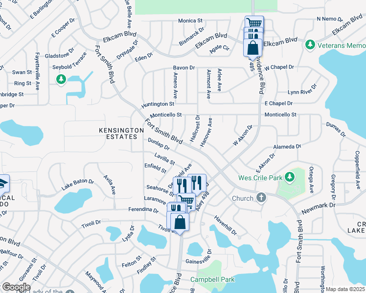 map of restaurants, bars, coffee shops, grocery stores, and more near 1636 Fort Smith Boulevard in Deltona