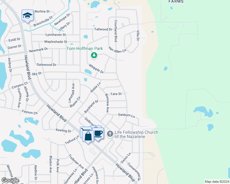 map of restaurants, bars, coffee shops, grocery stores, and more near 3345 Tara Street in Deltona