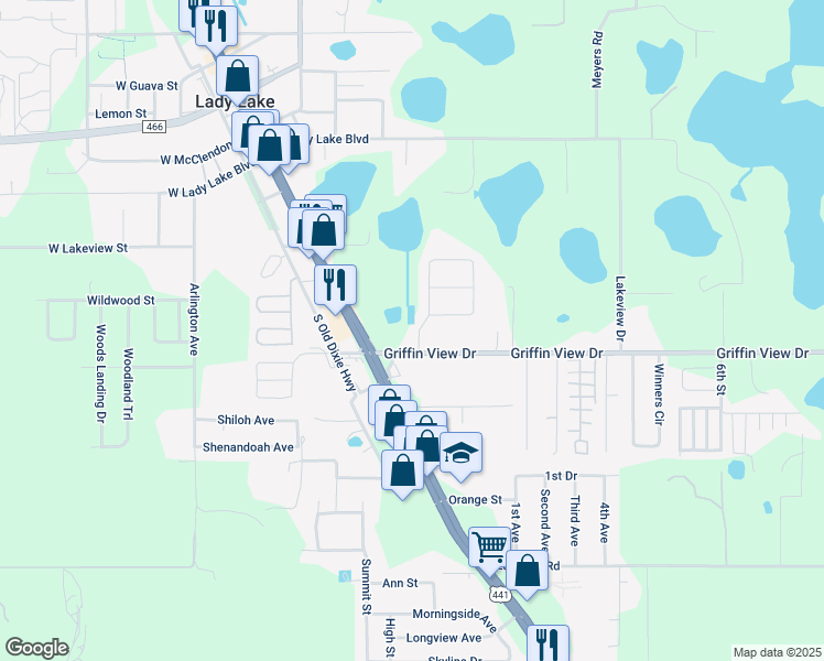 map of restaurants, bars, coffee shops, grocery stores, and more near 302 Ivanhoe Circle in Lady Lake