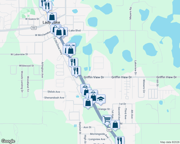 map of restaurants, bars, coffee shops, grocery stores, and more near 302 Ivanhoe Circle in Lady Lake