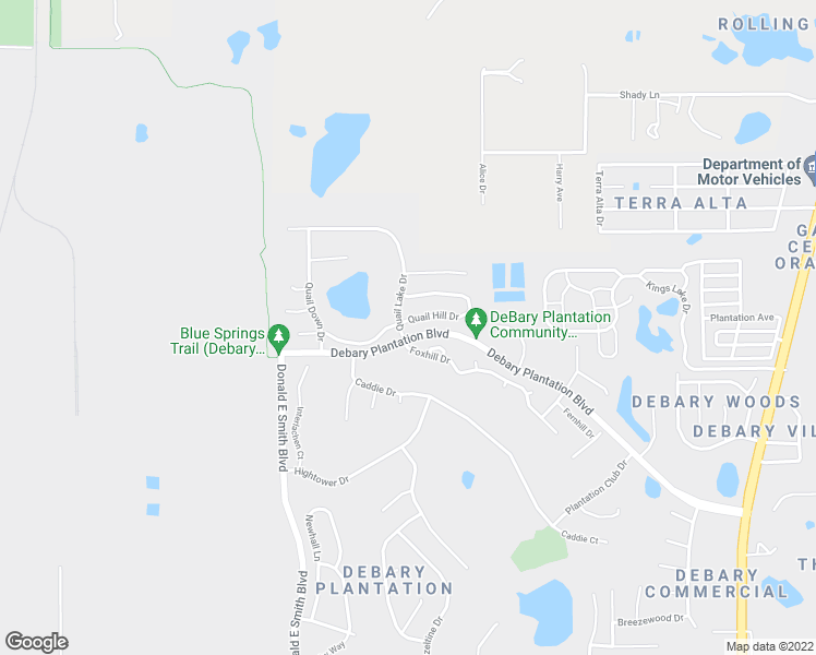 map of restaurants, bars, coffee shops, grocery stores, and more near 497 Quail Hill Drive in DeBary