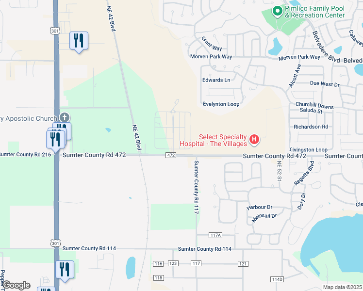 map of restaurants, bars, coffee shops, grocery stores, and more near 10552 Myrtle Oak Way in Wildwood