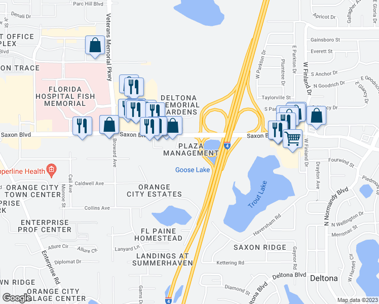 map of restaurants, bars, coffee shops, grocery stores, and more near 1330 Saxon Boulevard in Orange City