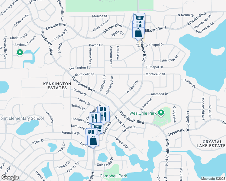map of restaurants, bars, coffee shops, grocery stores, and more near 1612 North Merrick Drive in Deltona