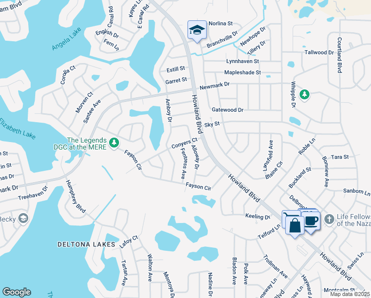 map of restaurants, bars, coffee shops, grocery stores, and more near 1630 Fentress Avenue in Deltona