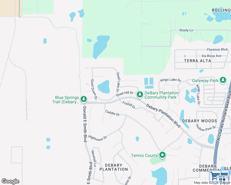 map of restaurants, bars, coffee shops, grocery stores, and more near 504 Quail Lake Drive in DeBary
