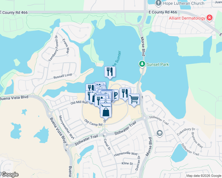 map of restaurants, bars, coffee shops, grocery stores, and more near Lake Shore Dr in The Villages