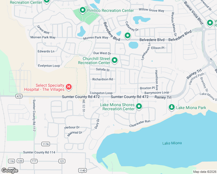 map of restaurants, bars, coffee shops, grocery stores, and more near 2419 Southern Oak Street in The Villages