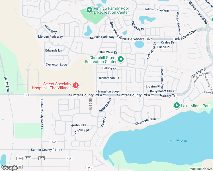 map of restaurants, bars, coffee shops, grocery stores, and more near 2471 Southern Oak Street in The Villages