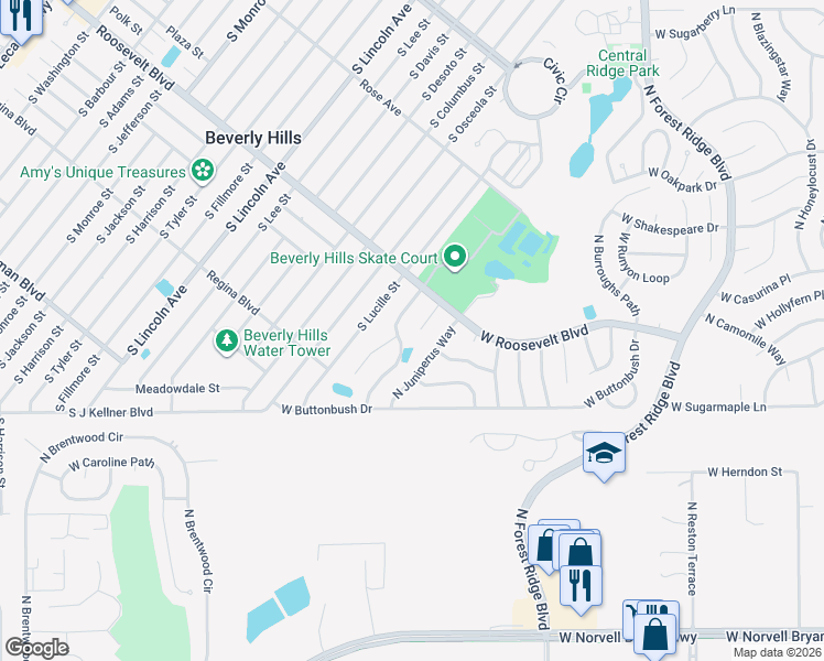 map of restaurants, bars, coffee shops, grocery stores, and more near 3275 North Maidencane Drive in Beverly Hills