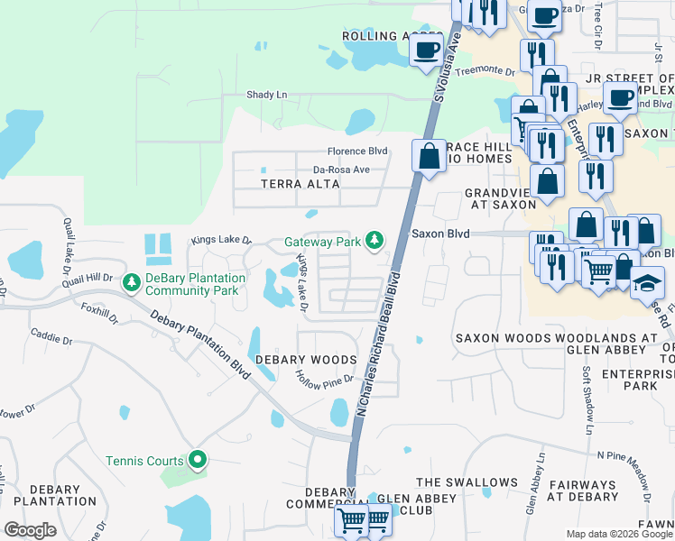map of restaurants, bars, coffee shops, grocery stores, and more near 165 Tower Road in DeBary